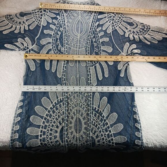 Rebellion Again Boho Duster Open Front  Blue White Kimono Sheer Embriodery Large - Picture 3 of 9